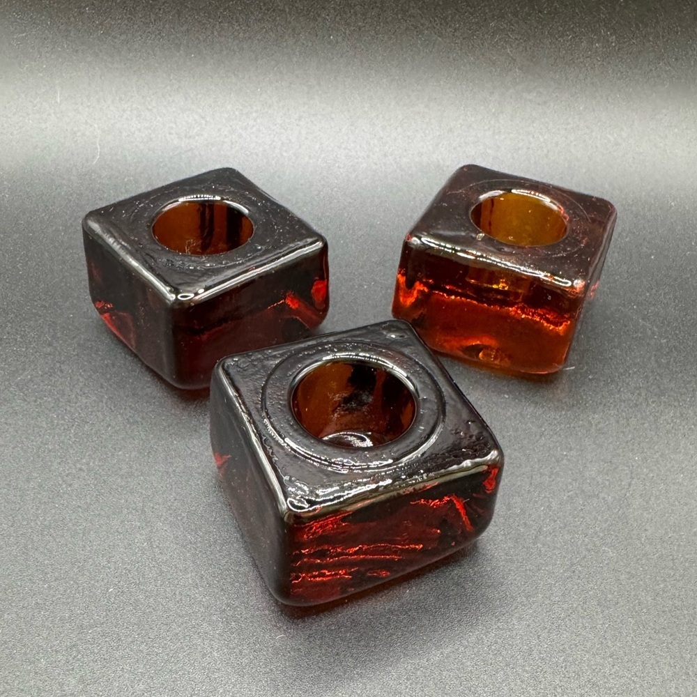 Set Of 3 Vintage Amber Square Glass Taper Candle Holders 1979